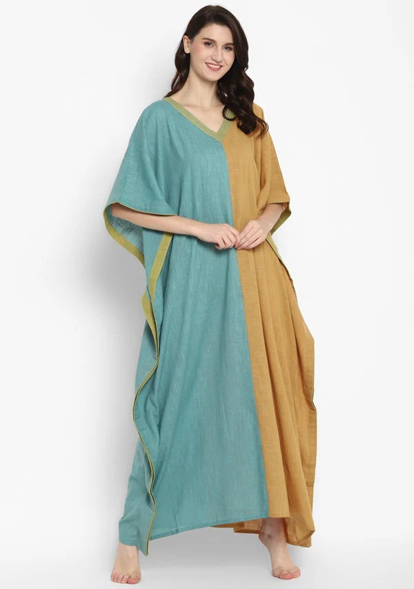 Aqua Mustard V-Neck Cotton Kaftan with Contrast Stitch Lines