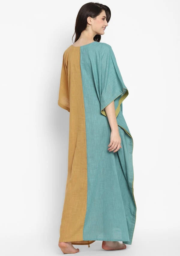 Aqua Mustard V-Neck Cotton Kaftan with Contrast Stitch Lines