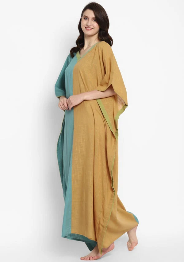 Aqua Mustard V-Neck Cotton Kaftan with Contrast Stitch Lines