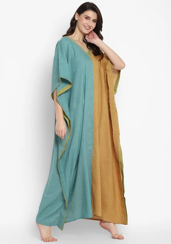 Aqua Mustard V-Neck Cotton Kaftan with Contrast Stitch Lines