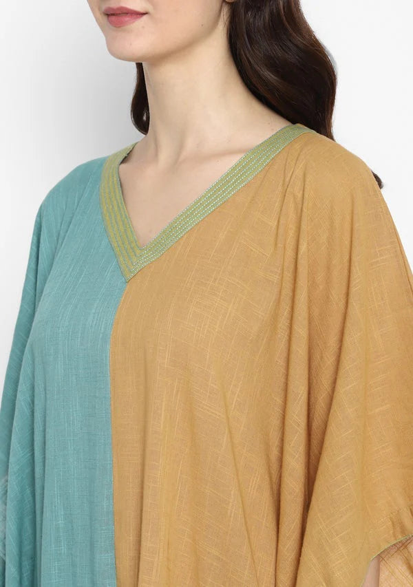 Aqua Mustard V-Neck Cotton Kaftan with Contrast Stitch Lines