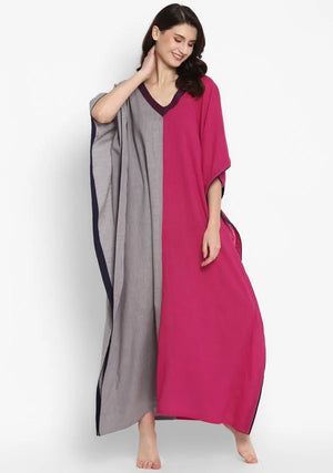 Grey Fuchsia V-Neck Cotton Kaftan with Contrast Stitch Lines