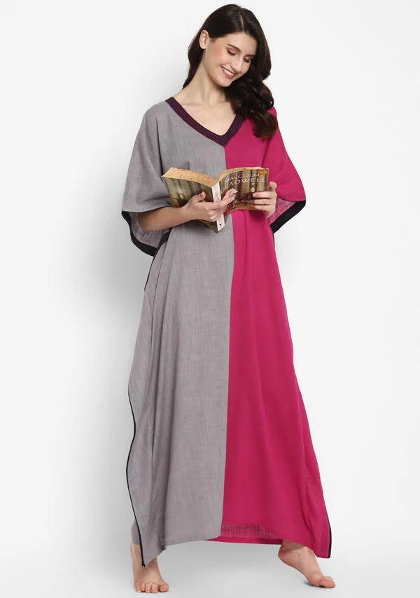 Grey Fuchsia V-Neck Cotton Kaftan with Contrast Stitch Lines