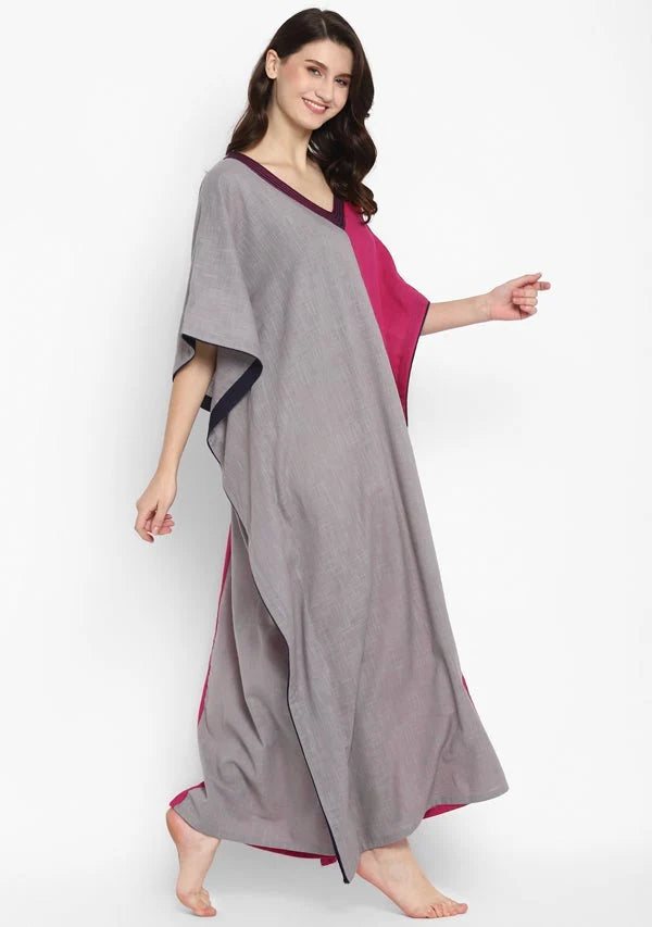 Grey Fuchsia V-Neck Cotton Kaftan with Contrast Stitch Lines