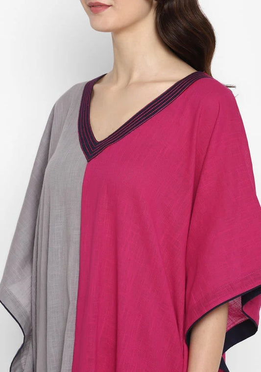 Grey Fuchsia V-Neck Cotton Kaftan with Contrast Stitch Lines