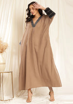 Brown Black Cotton Kaftan Dress with Bronze Trimmings on Neckline and Cuffs