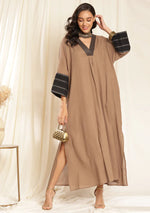 Brown Black Cotton Kaftan Dress with Bronze Trimmings on Neckline and Cuffs