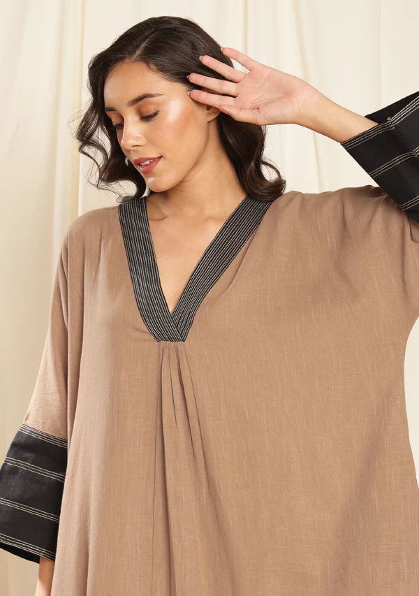 Brown Black Cotton Kaftan Dress with Bronze Trimmings on Neckline and Cuffs