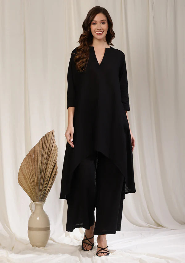 Black Asymmetric Cotton Kurta Paired with Pants