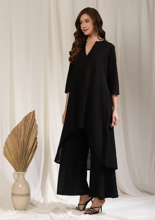 Black Asymmetric Cotton Kurta Paired with Pants