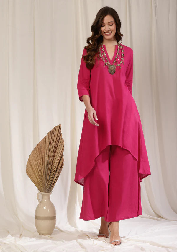 Fuchsia Asymmetric Cotton Kurta Paired with Pants