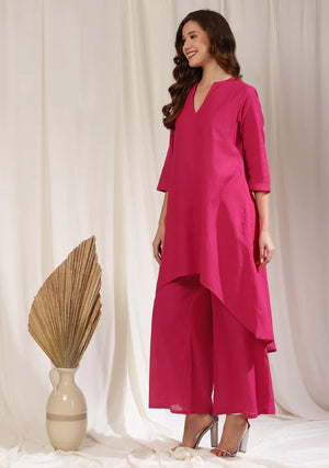 Fuchsia Asymmetric Cotton Kurta Paired with Pants