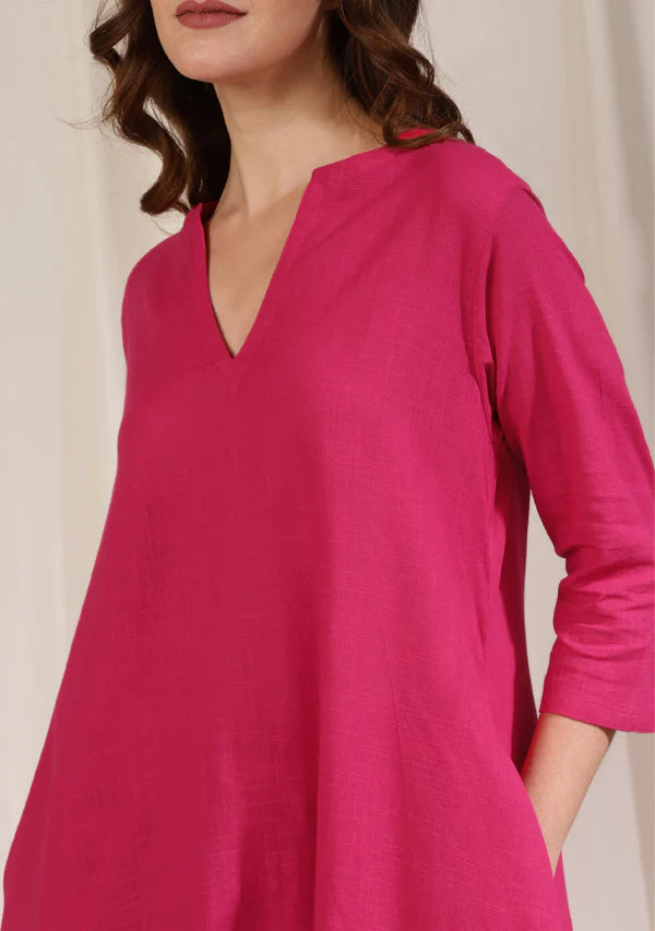 Fuchsia Asymmetric Cotton Kurta Paired with Pants