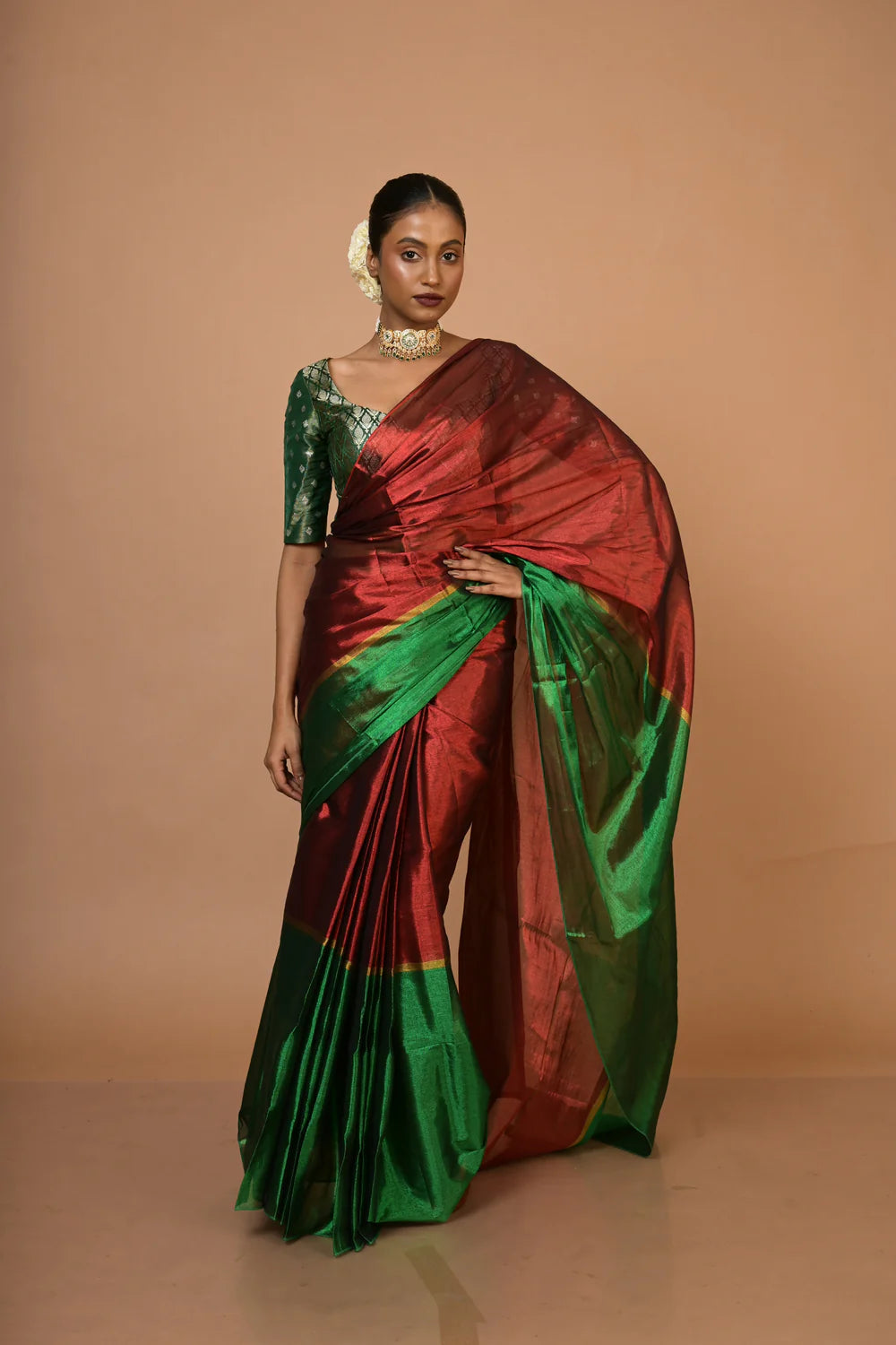 Sampriti I Red and Green Handloom Tissue saree