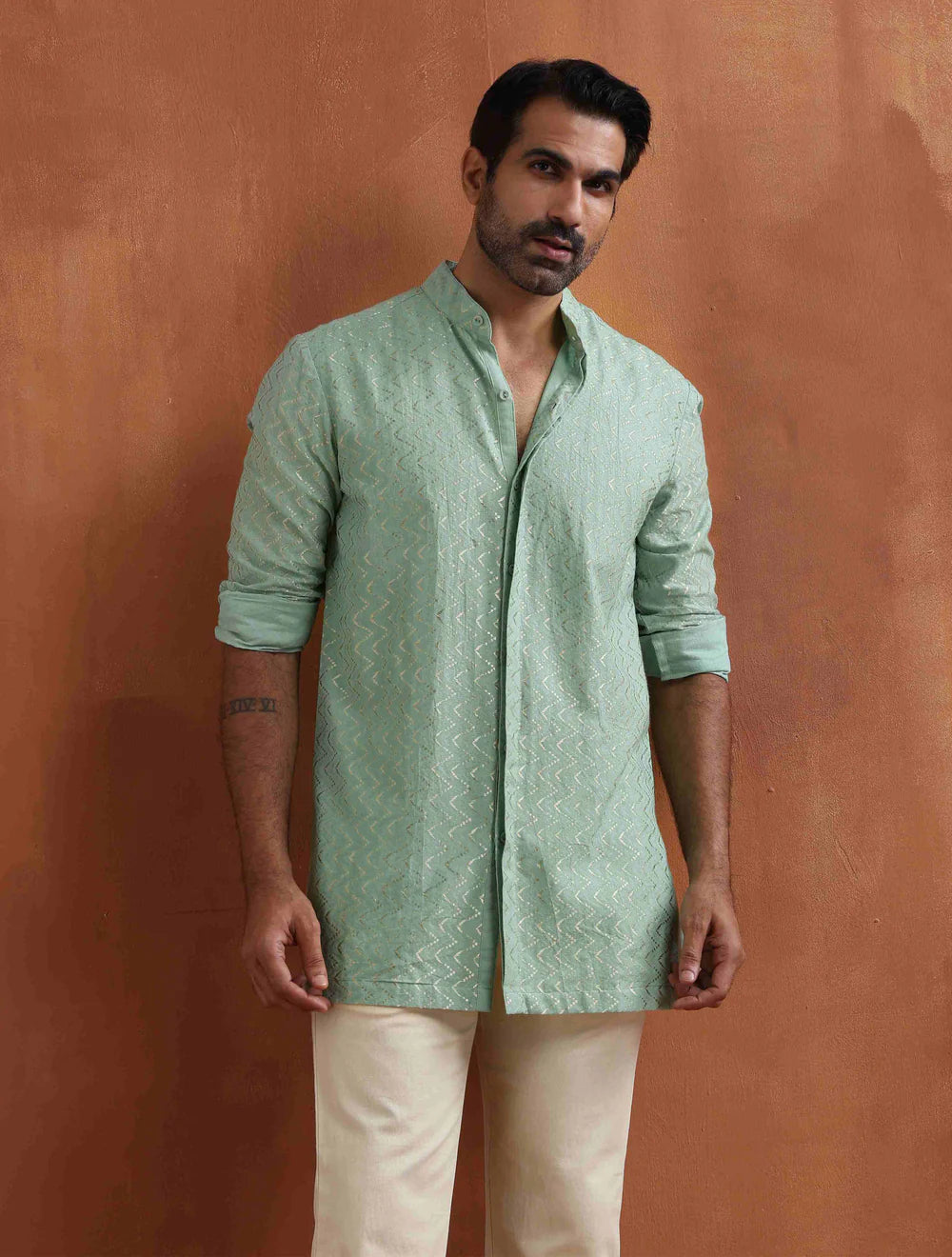 Men's Green Cotton Dobby Front Open Short Kurta