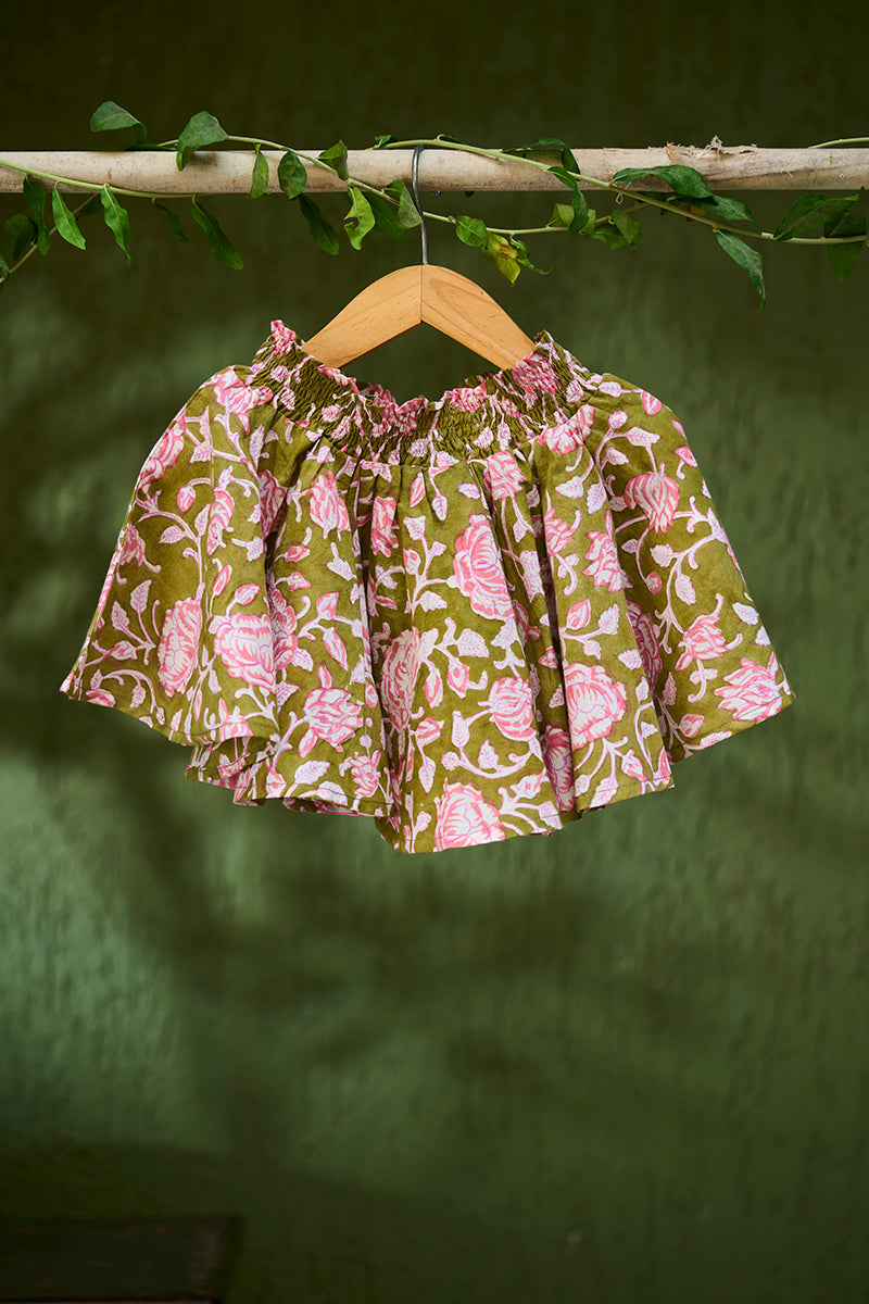 Round and Round twirl girls skirt in green floral hand block print cotton