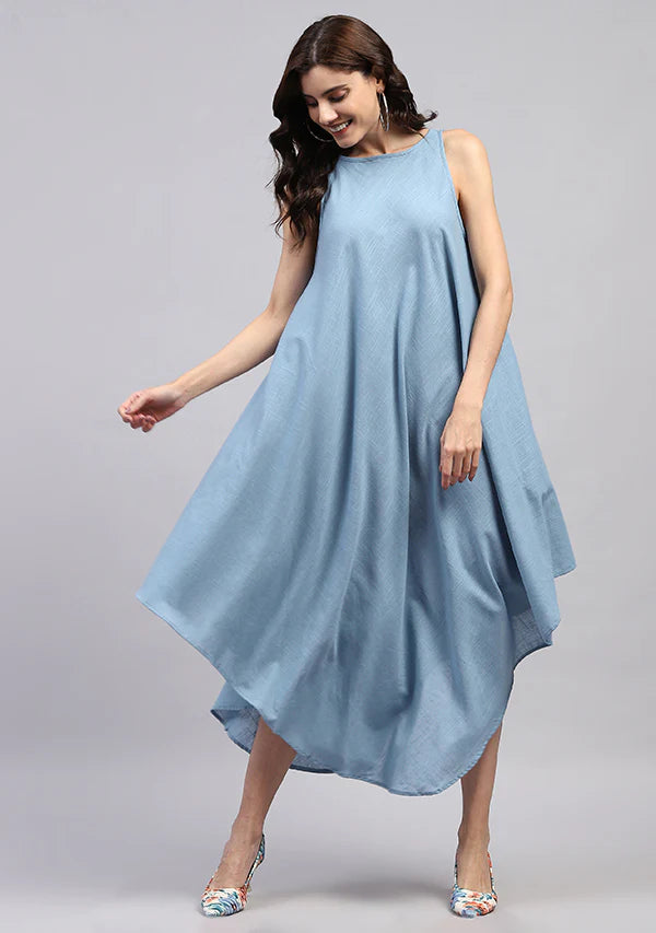 Smoke Blue Sleeveless Asymmetric Cotton Dress