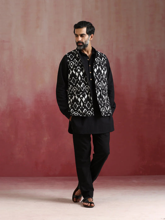 Men's Black Ikat Reversible Nehru Jacket