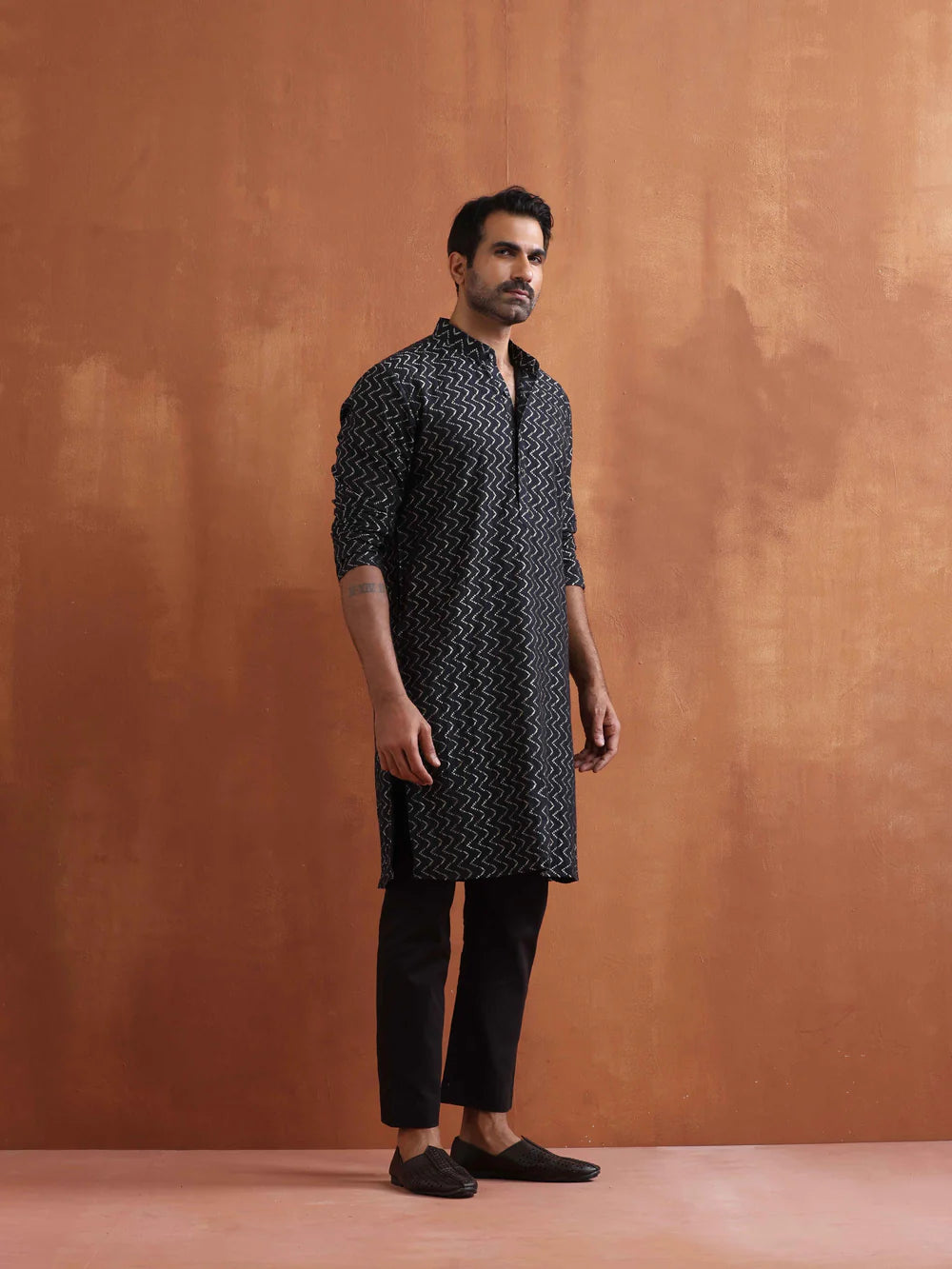 Men's Black Cotton Dobby Kurta