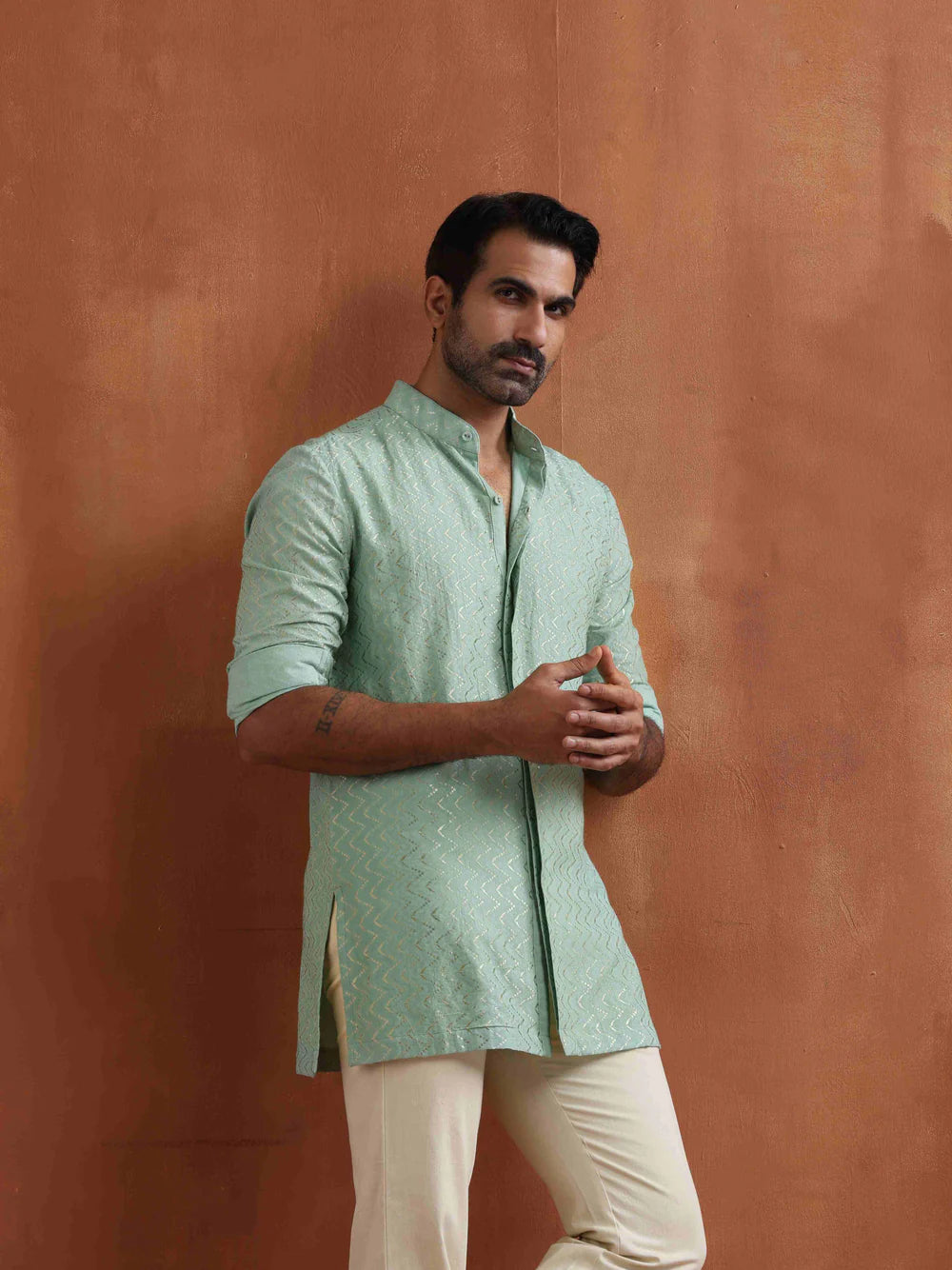 Men's Green Cotton Dobby Front Open Short Kurta