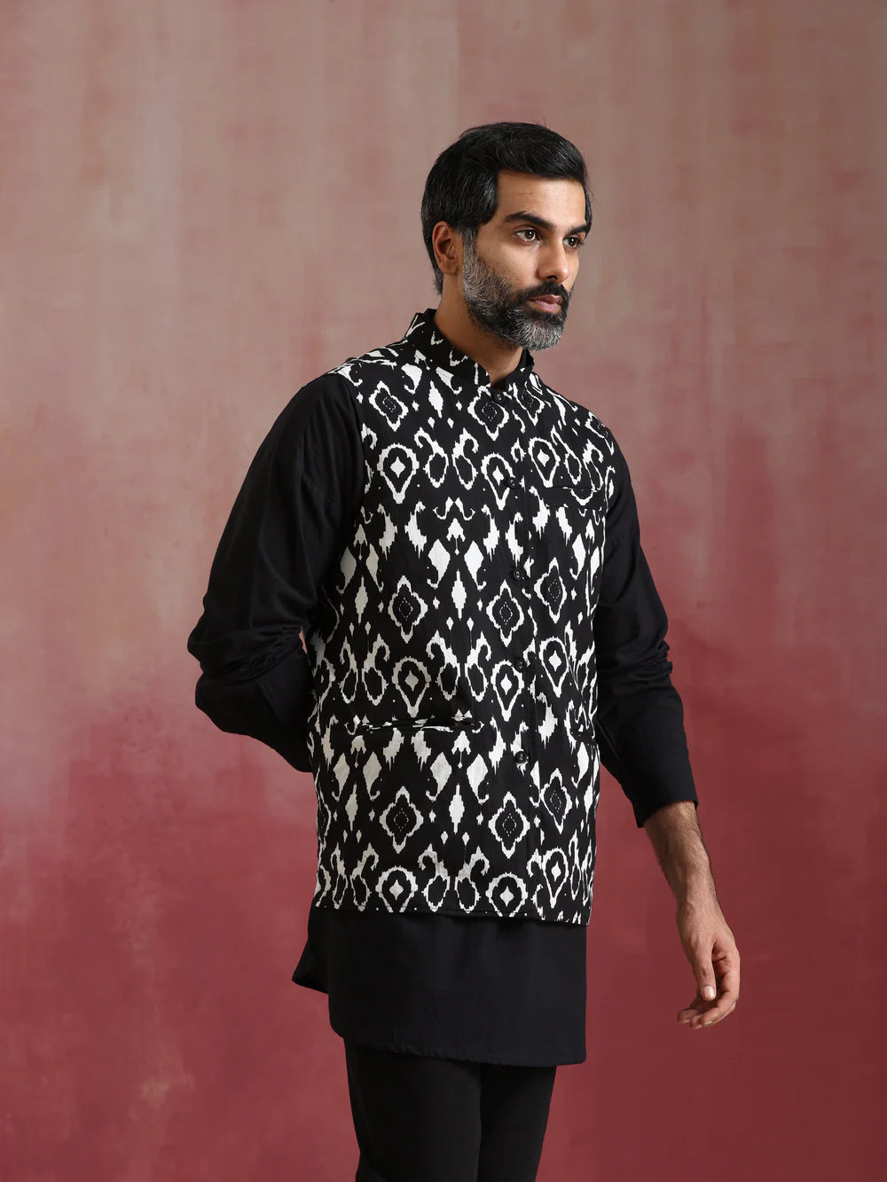 Men's Black Ikat Reversible Nehru Jacket