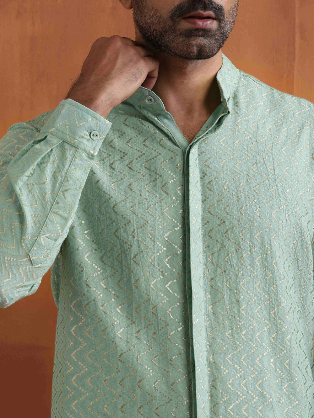 Men's Green Cotton Dobby Front Open Short Kurta