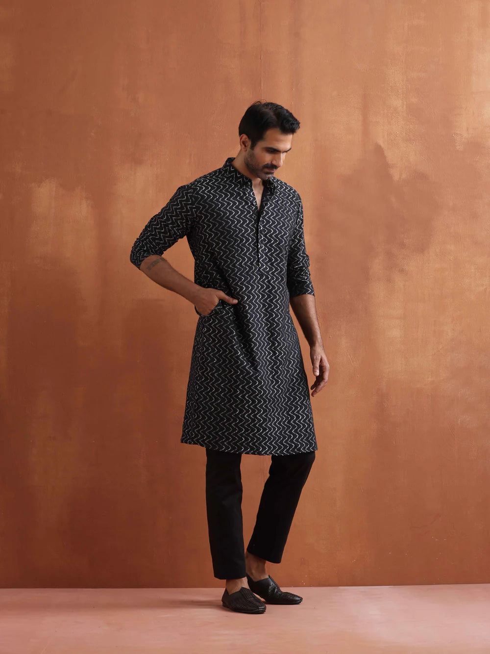 Men's Black Cotton Dobby Kurta