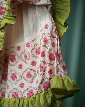 ‘Rain of flowers’ girls ethnic wear lehenga set in floral hand block print cotton