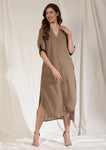 Brown Front Open Cotton Shirt Dress with Wooden Buttons and Contrast Trimmings