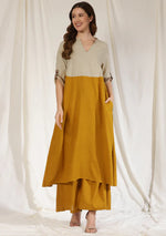 Mustard Cotton Co-ord Set with Beige Yoke Black and Contrast Trimmings