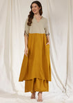 Mustard Cotton Co-ord Set with Beige Yoke Black and Contrast Trimmings