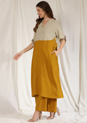 Mustard Cotton Co-ord Set with Beige Yoke Black and Contrast Trimmings