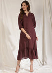 Wine Long Dress with Gathered Hemline