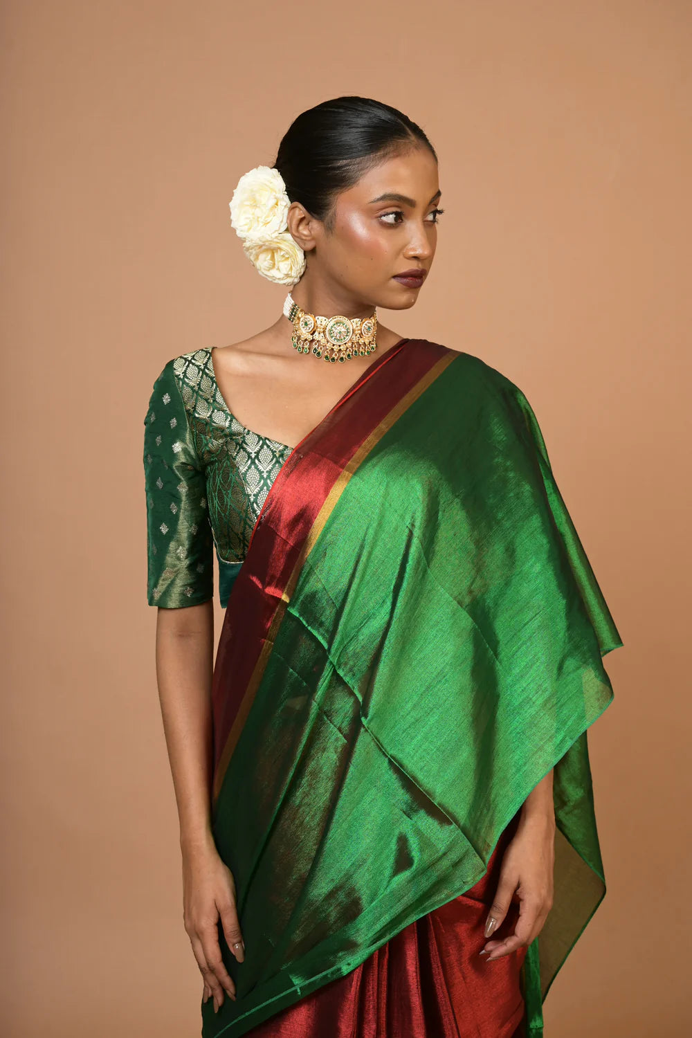 Sampriti I Red and Green Handloom Tissue saree