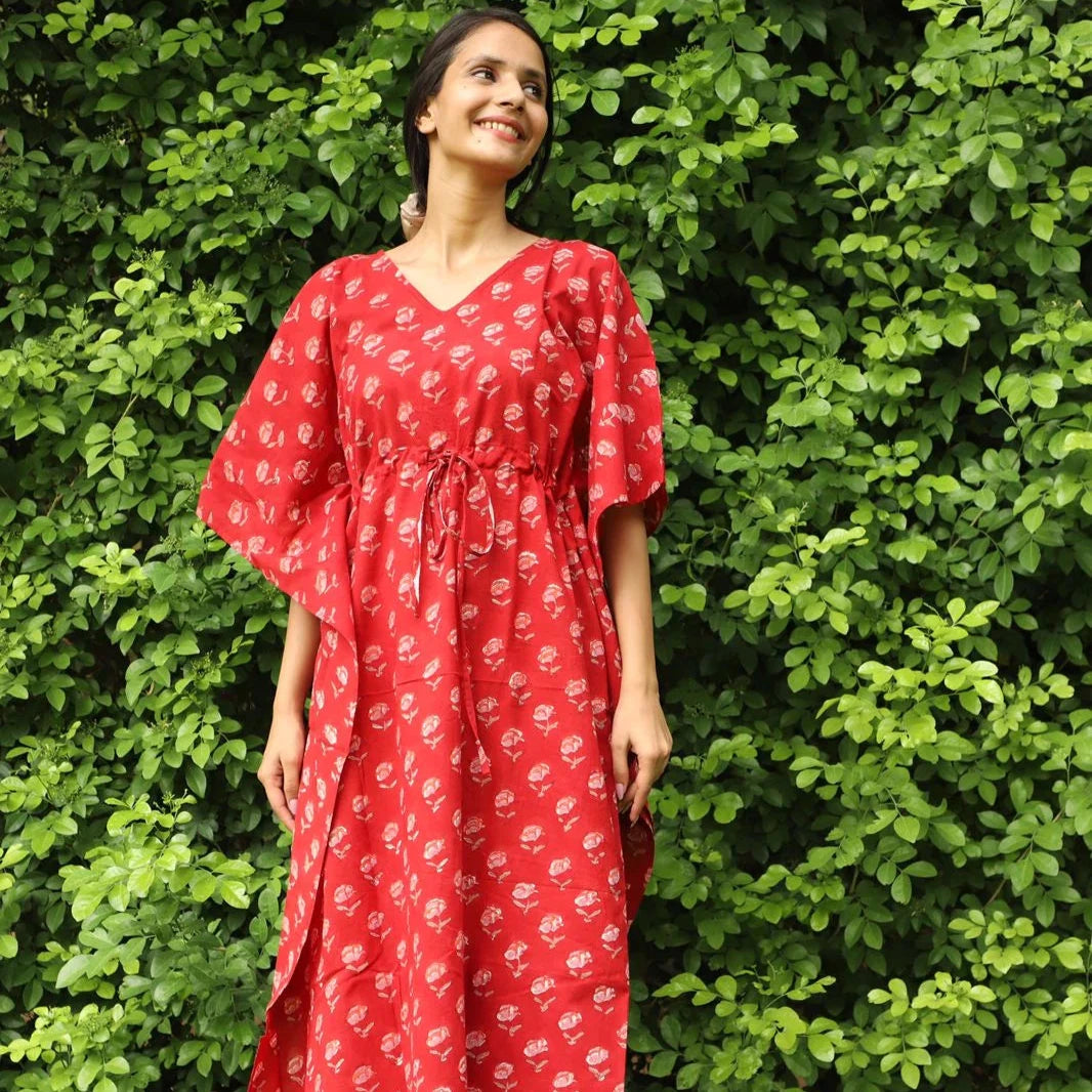 Rosette Hand Block Print Ankle Length Kaftan