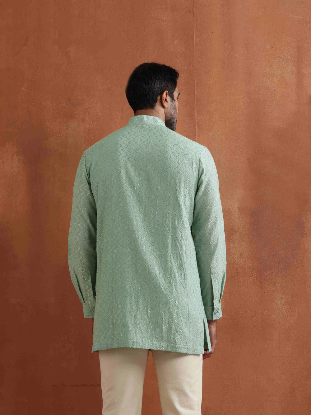 Men's Green Cotton Dobby Front Open Short Kurta