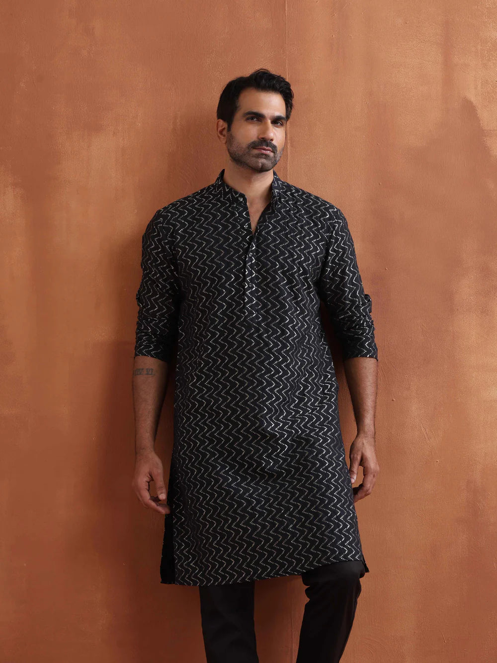 Men's Black Cotton Dobby Kurta