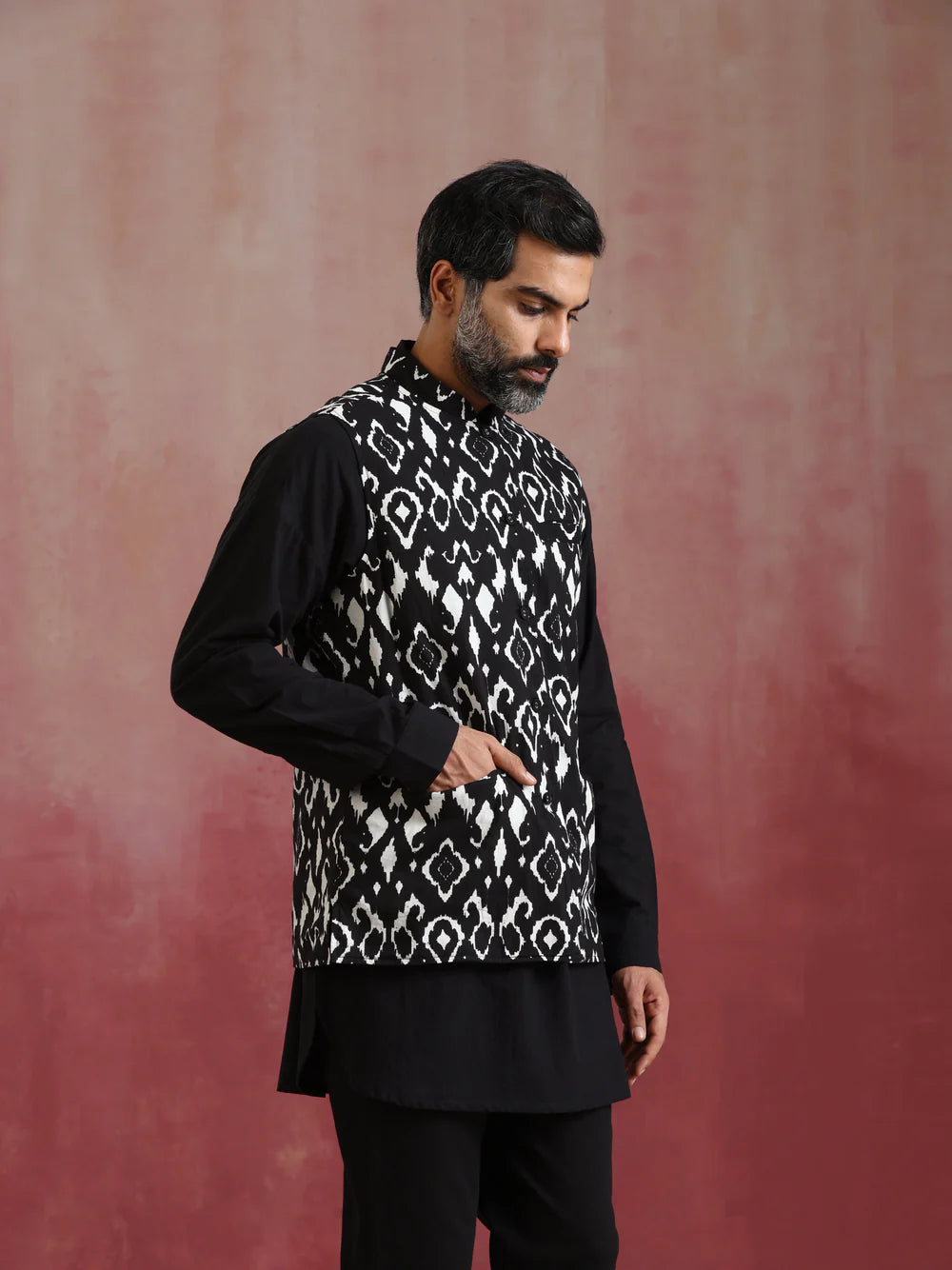 Men's Black Ikat Reversible Nehru Jacket