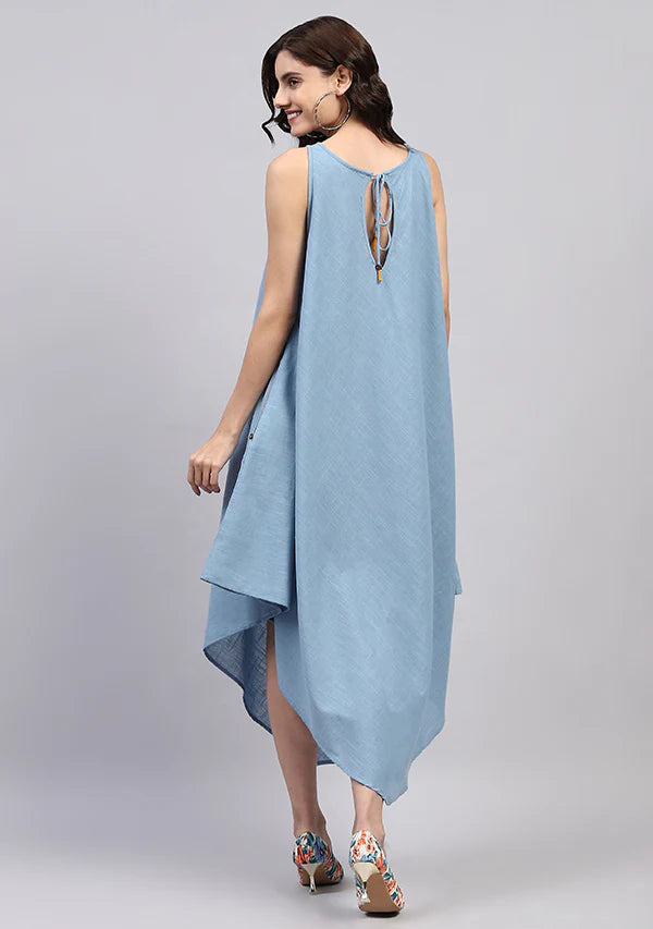 Smoke Blue Sleeveless Asymmetric Cotton Dress