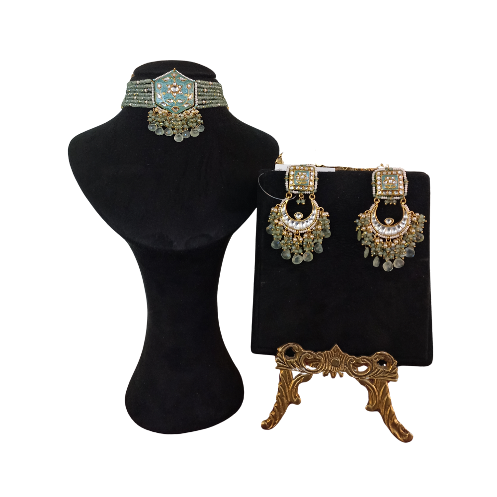 Green Meenakari Necklace Set with Fluorite