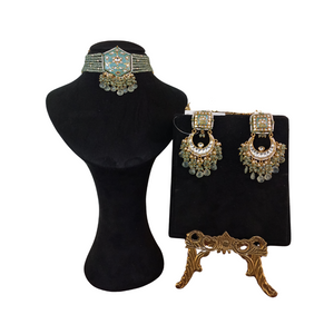 Green Meenakari Necklace Set with Fluorite