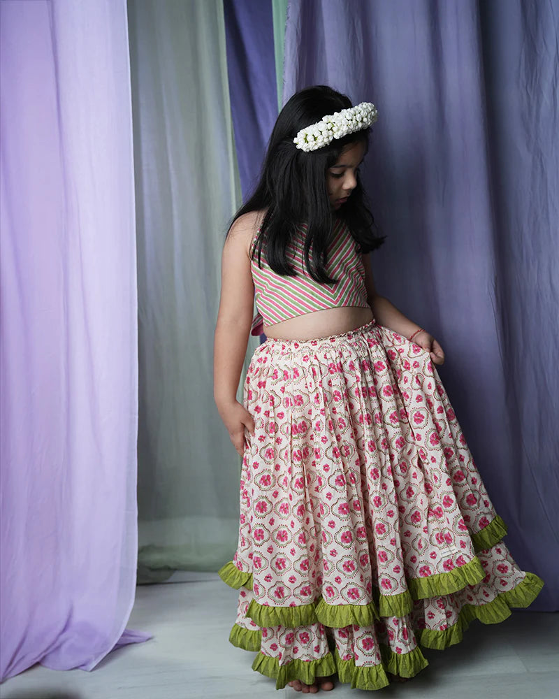 ‘Rain of flowers’ girls ethnic wear lehenga set in floral hand block print cotton