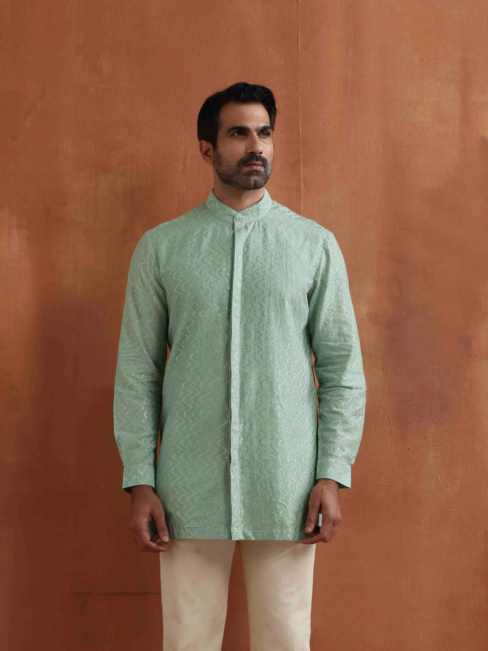 Men's Green Cotton Dobby Front Open Short Kurta