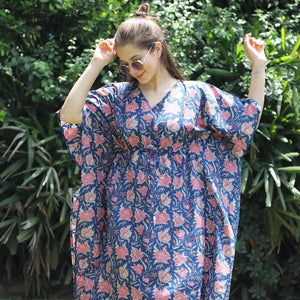 Midnight Blue Hand Block Printed Cotton Ankle Length Kaftan