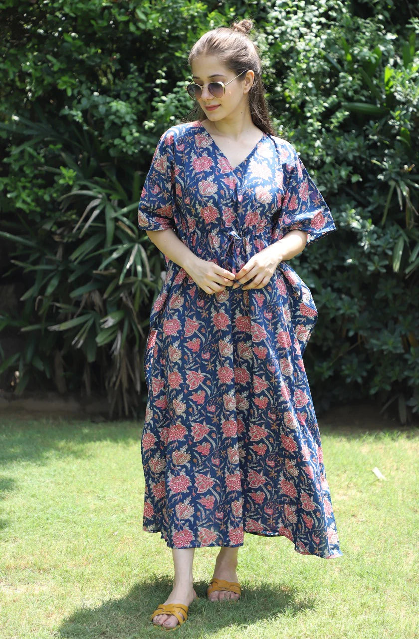 Midnight Blue Hand Block Printed Cotton Ankle Length Kaftan