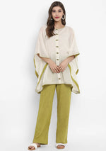 Off White Mulmul Short Kaftan Set With Contrast Olive Green Trimmings And Pants/Slip