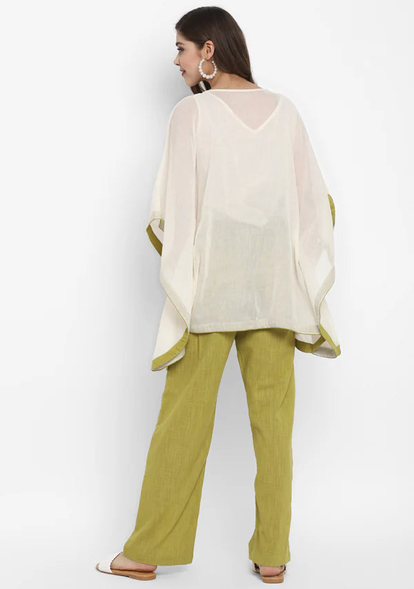 Off White Mulmul Short Kaftan Set With Contrast Olive Green Trimmings And Pants/Slip