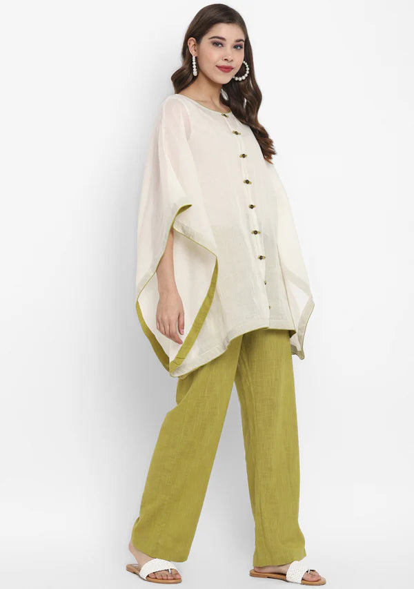 Off White Mulmul Short Kaftan Set With Contrast Olive Green Trimmings And Pants/Slip