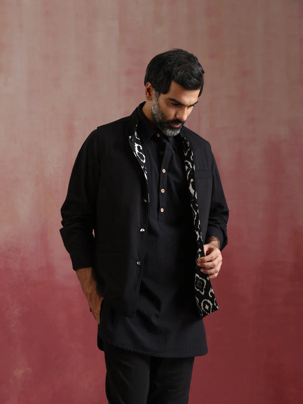 Men's Black Ikat Reversible Nehru Jacket