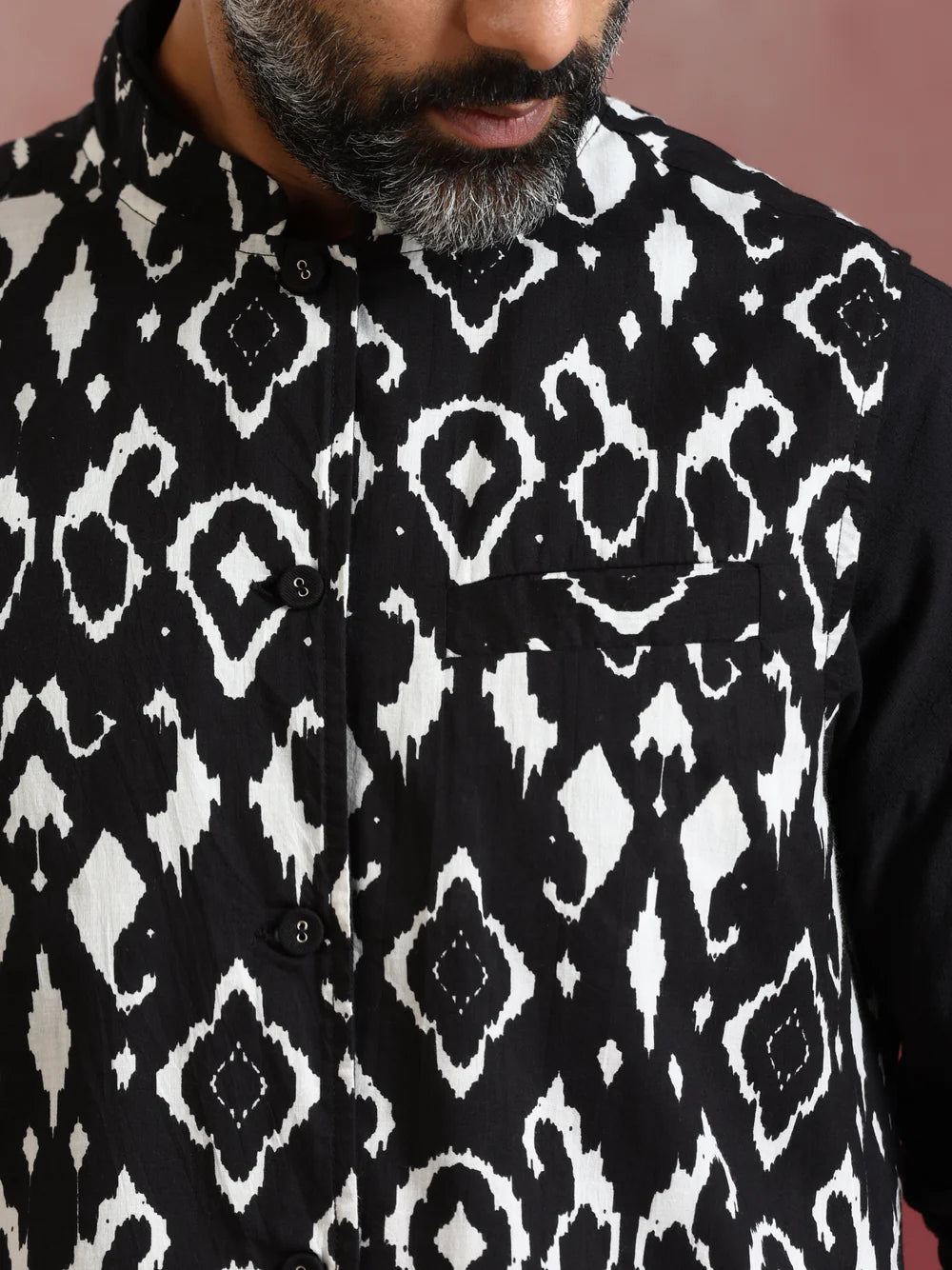 Men's Black Ikat Reversible Nehru Jacket